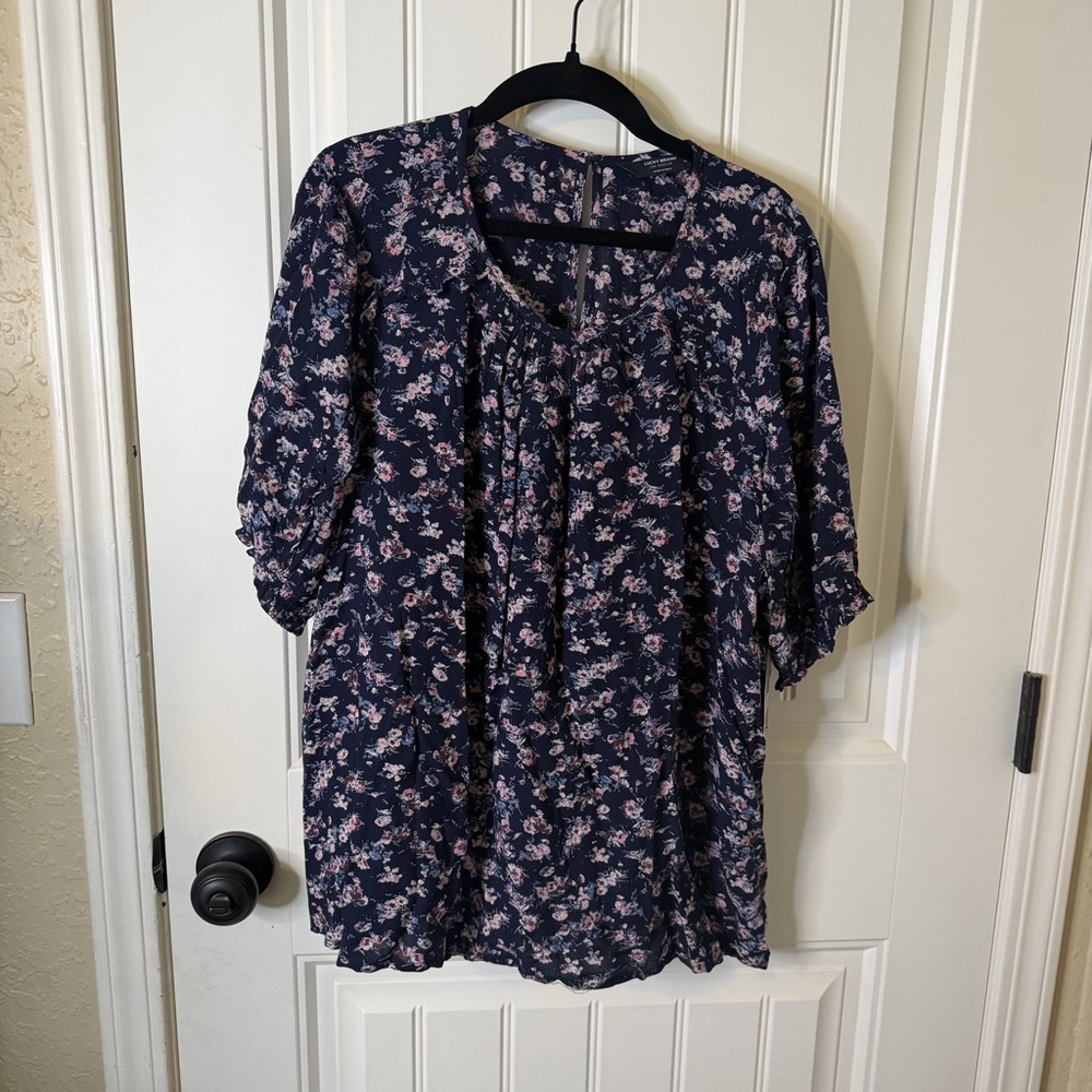 Lucky Brand Navy Floral Blouse with Pink Accents